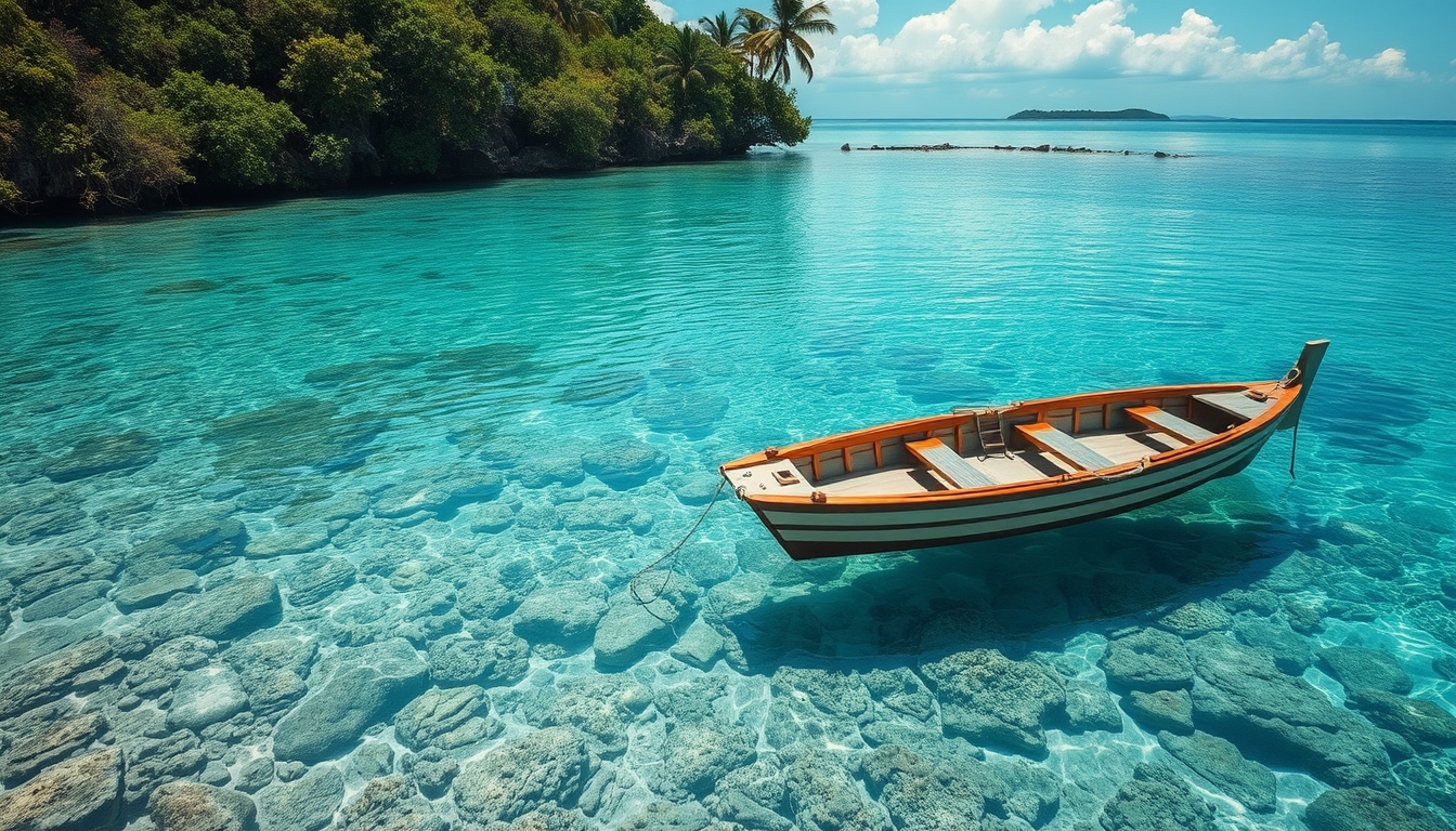 A tranquil beach with a glass-bottomed boat floating over a coral reef.