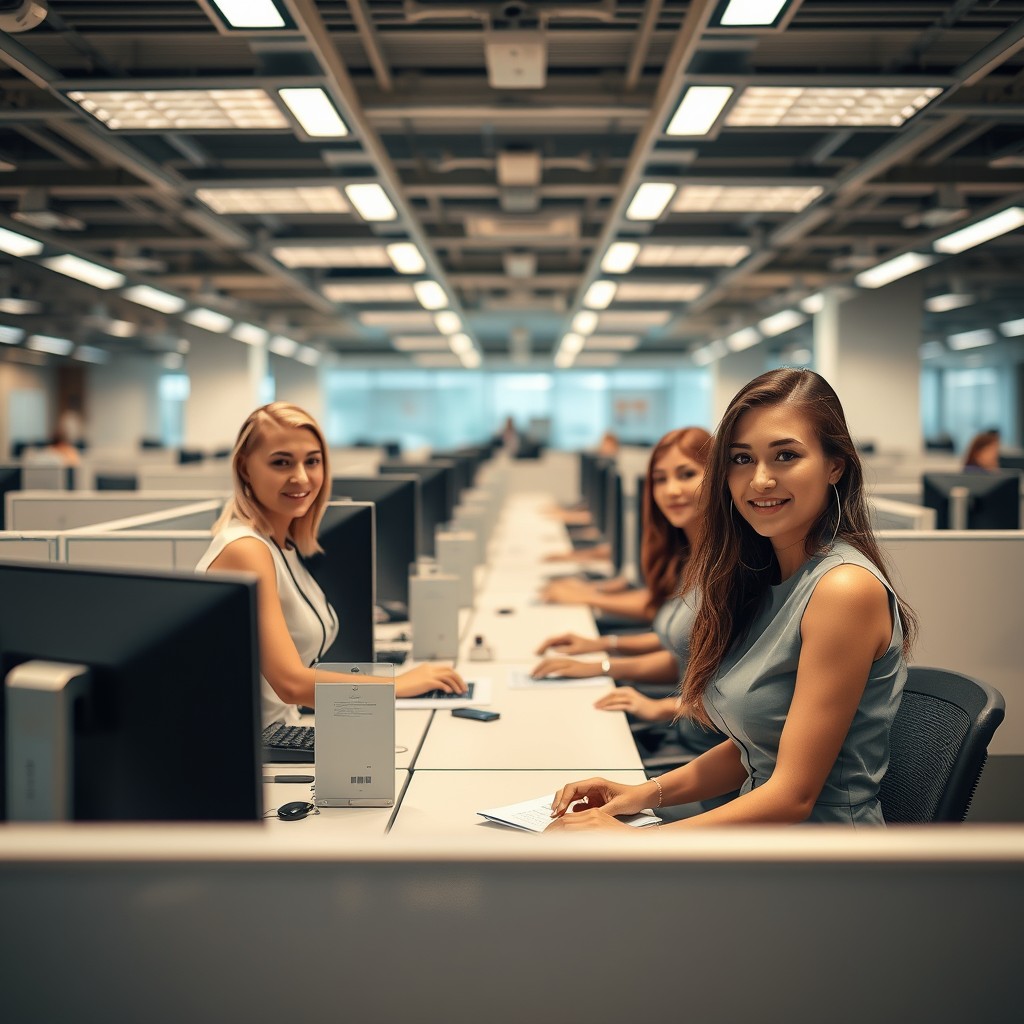 Realistic picture of an operations center low cubical work area that is modern and full of attractive 20 to 32 year old professionally dressed white females, with perfect figures and perfect faces.