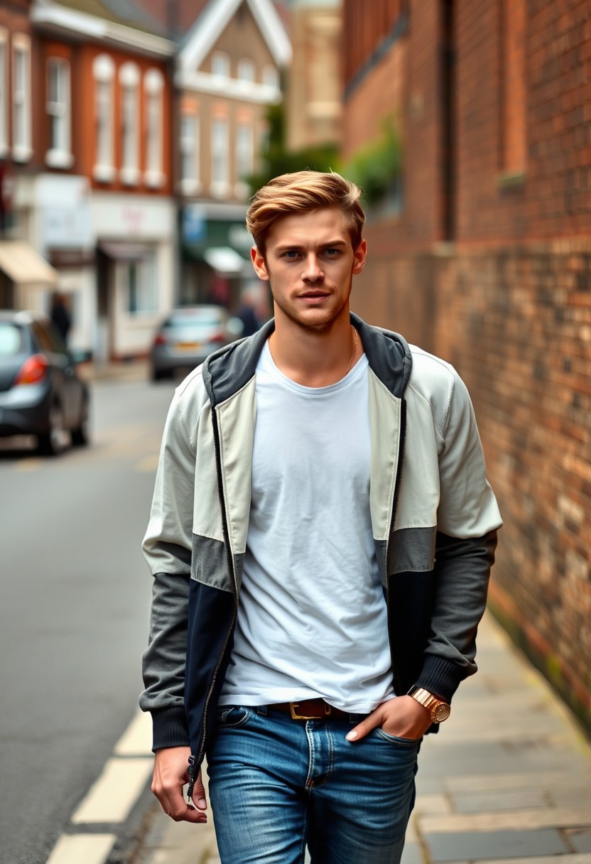 Jamie Dornan head and body shot, handsome, young, serious face, brown-haired, white T-shirt, collage jacket, skinny jeans, sneakers, walking in a hot style, flirting face smile, near town road, hyper-realistic, street photography, brick wall, full body photo. - Image