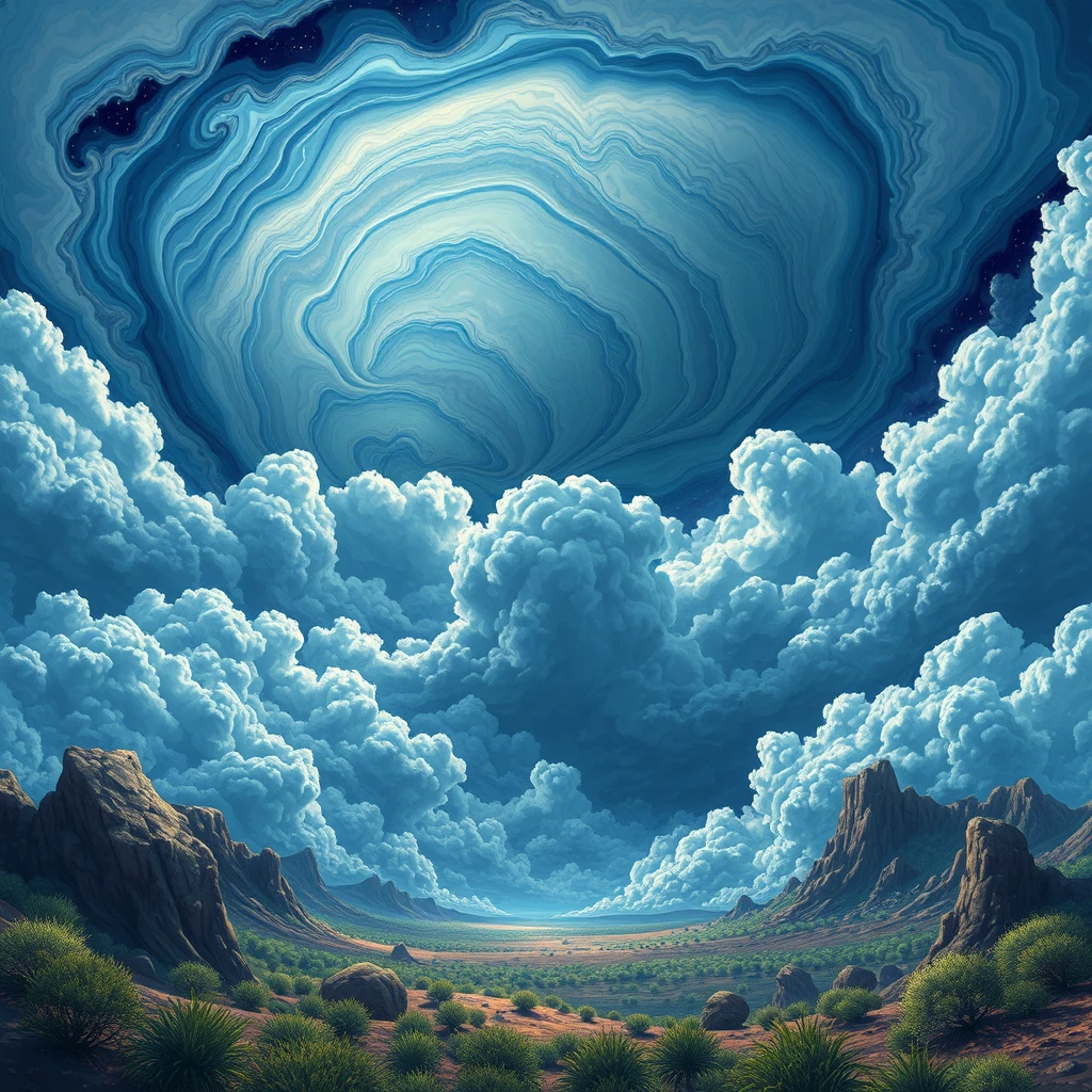 Illustration of Jupiter clouds by Dan Mumford, alien landscape and vegetation, epic scene, a lot of swirling clouds, high exposure, highly detailed, realistic, vibrant blue tinted colors, UHD. - Image