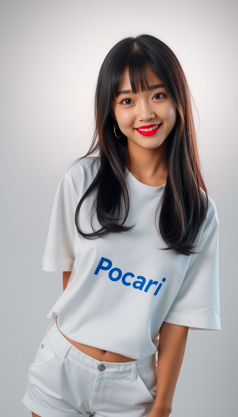 Pocari Sweat model, pure, holy smile, beautiful girl, idol, kpop, Korean hime cut (hime cut: Black side bangs, long straight hair with bangs and short bold side locks), photo, studio lighting, 1 girl, cute face, perfect face, perfect eyes, perfect anatomy, white t-shirt, short pants. - Image