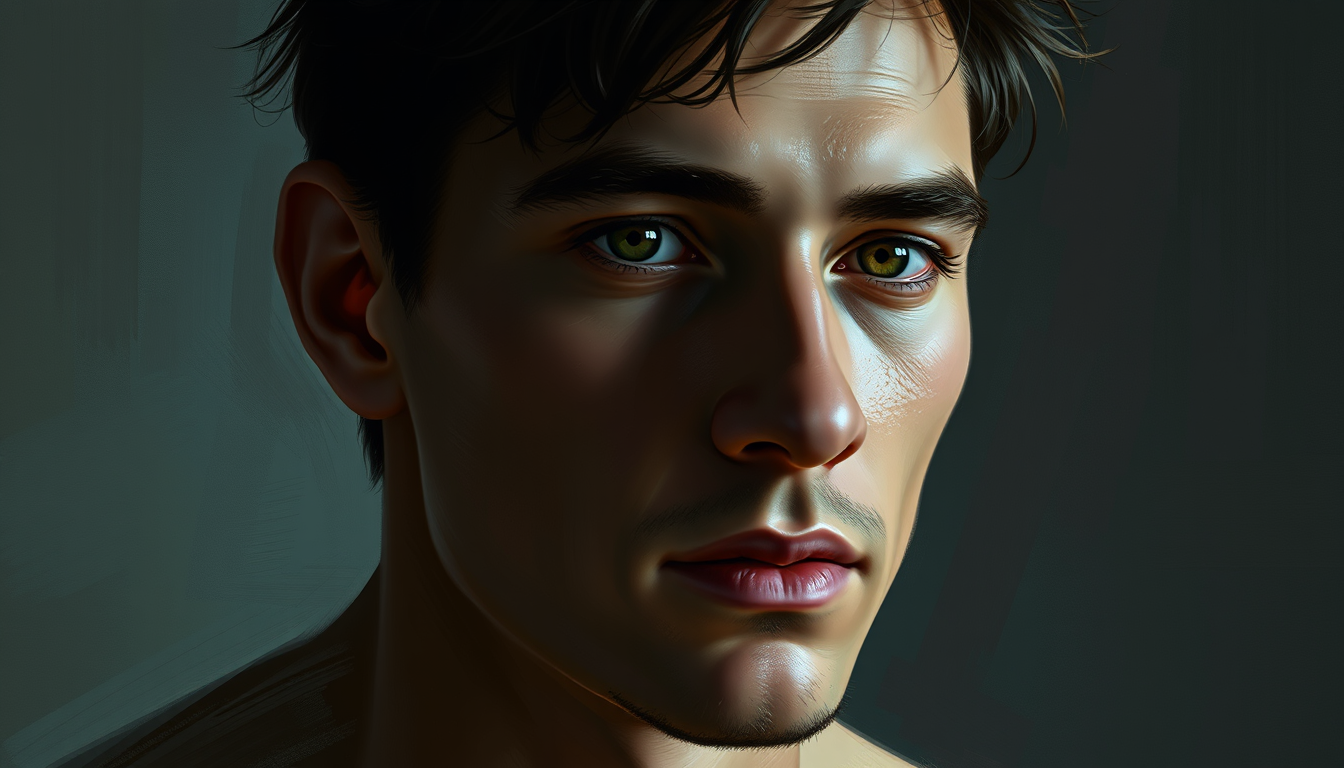 2D semi-realistic painting of a man, camera raw filter, dodge and burn, skin retouched, minimal details.