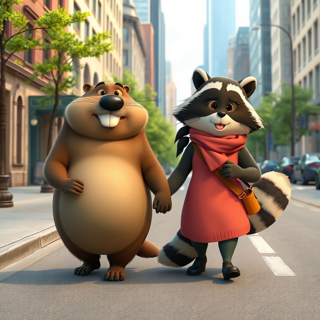 A fat guy beaver and a girl raccoon are walking along a city street holding hands. Pixar, cartoon style, happy mood.