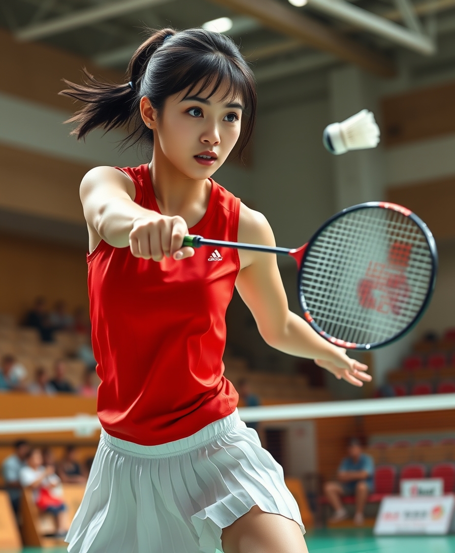 A detailed, realistic portrait of a young woman playing badminton in an indoor sports arena. The woman is wearing a bright red jersey and is mid-swing, her body in a dynamic, athletic pose as she focuses intently on the shuttlecock. The background is blurred, with glimpses of the court, net, and spectator stands visible. The lighting is natural and directional, creating shadows and highlights that accentuate the woman's features and muscular definition. The overall composition conveys a sense of energy, movement, and the intensity of the game. The image is highly detailed, with a photorealistic quality that captures the textures of the woman's clothing, skin, and the badminton equipment.

A woman with a beautiful face like a Japanese idol. She is wearing a white pleated skirt.

Badminton rackets and shuttlecocks with dynamic swings and motion blur. Depiction of the human body with a flawless personality.