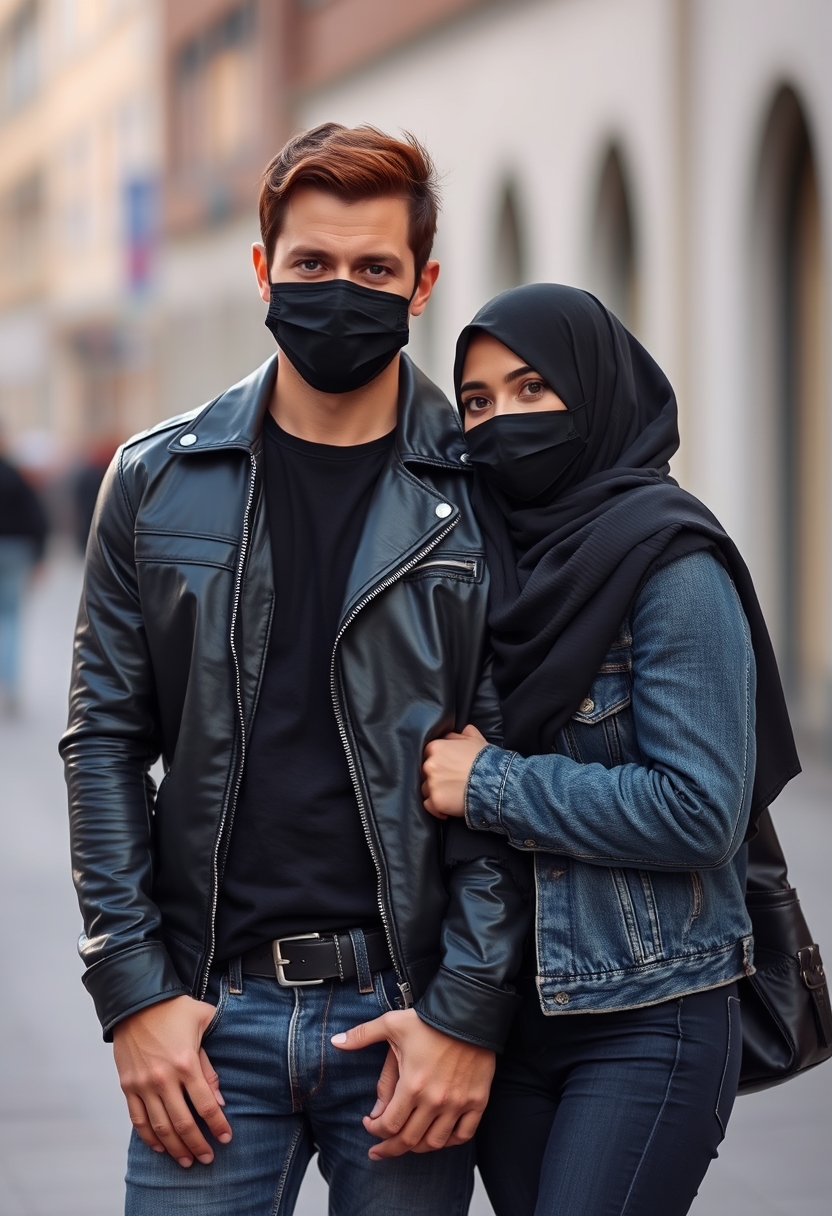 Jamie Dornan, handsome, black face mask, black leather jacket, jeans, dating, love couple with the biggest hijab Muslim girl, beautiful eyes, black face mask, jeans jacket, biggest, hyper-realistic, street photography.