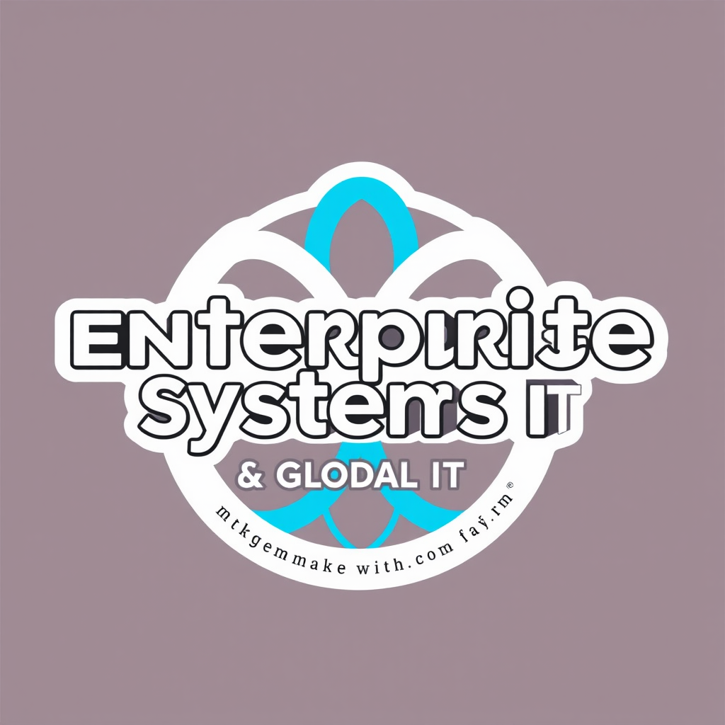 Create a full frame logo using the color palette for The Knot WW, found here: https://www.juliekeh.com/theknotww, for the "Enterprise Systems & Global IT" team. Incorporate the text of team name into the logo and make it stylistically representative of the team's functions. Transparent background and make it like a sticker.