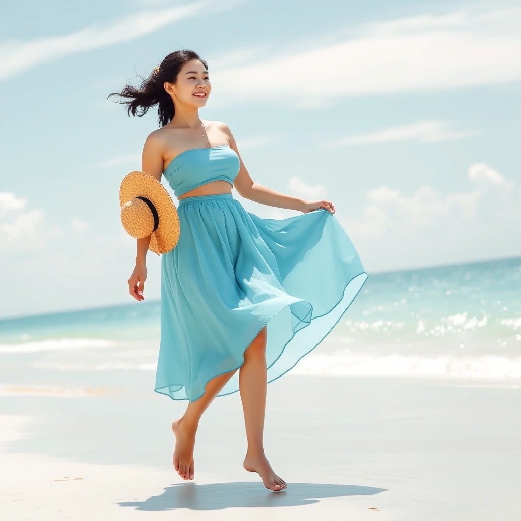 30-year-old Chinese woman, wearing a sea blue bubble skirt, huge bust, huge ass. She walked barefoot on the beach, her skirt fluttering gently, holding a straw hat in her hand, looking peaceful and happy. The background is blue sky and white clouds and the sparkling sea, the environment is beautiful and pleasant. - Image