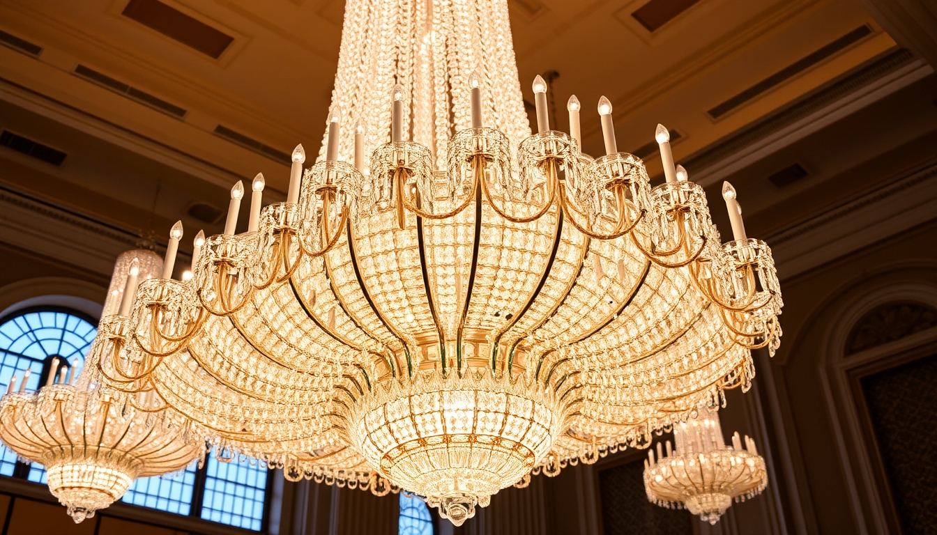 A stunning chandelier made of thousands of tiny glass crystals in a grand ballroom.