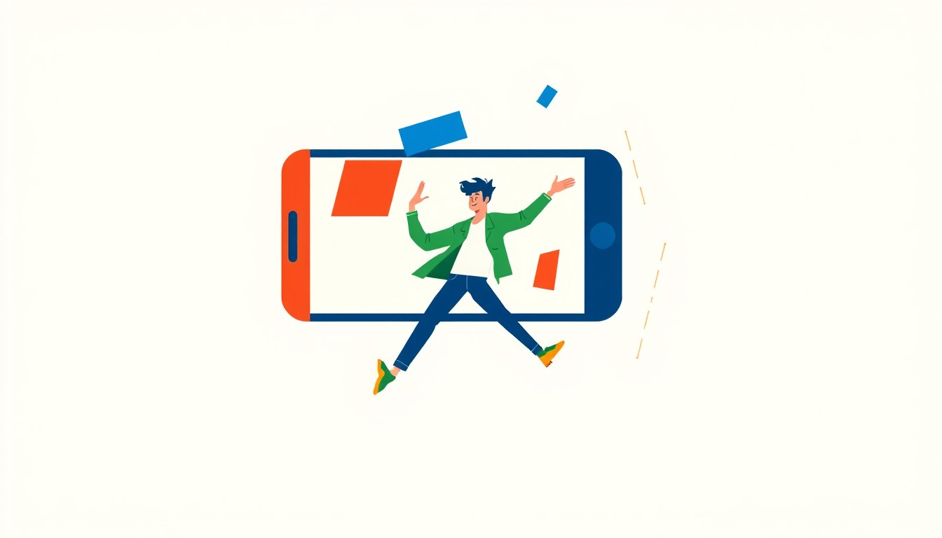 Create an abstract illustration featuring a person in a dynamic pose. Use bold, vibrant colours such as red, green, blue, and orange. The illustration should be composed of geometric and fragmented shapes to give it a playful, artistic feel. The overall style should be humorous and expressive, capturing movement and creativity. A person fills the screen frame in a dynamic pose.