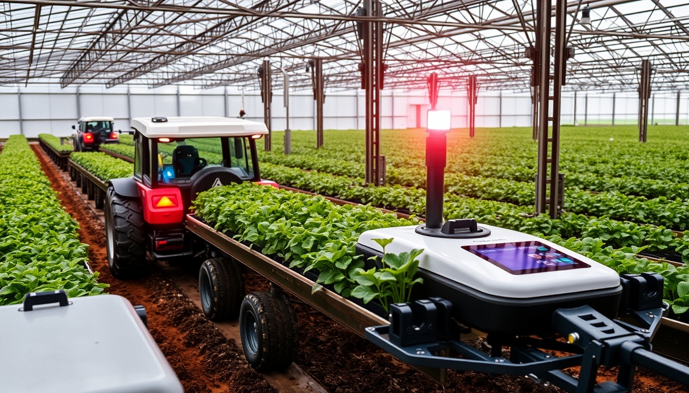 Smart farming with automated equipment, representing tech in agriculture.