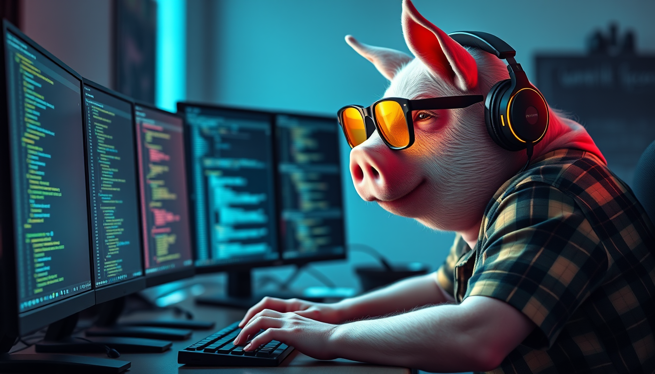 A tech-savvy pig coder, wearing yellow-tinted glasses and sleek noise-cancelling headphones, hunches over a cutting-edge multi-monitor setup. The anthropomorphic pig exudes focus, typing furiously. He's wearing a plaid t-shirt.