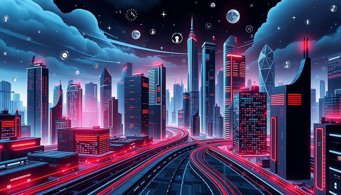 Futuristic Urban Landscape of Business Icons and Graphs in High Contrast Visuals