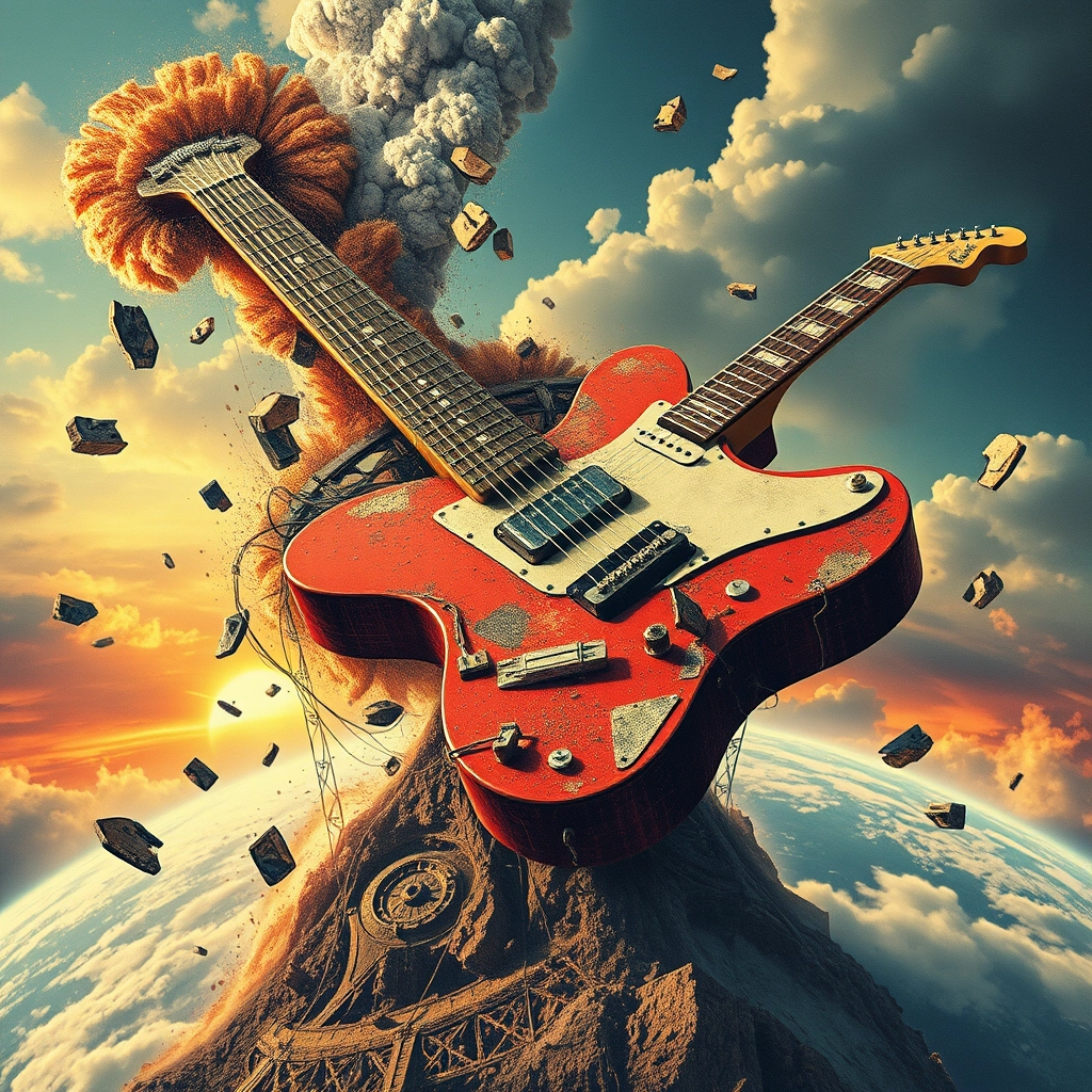 Monumental guitar broken and falling into pieces and debris over earth, perspective pop rock fluo collage scifi steampunk machinery extra dust particle cloud octane render and paper art ink art Melies, Jules Verne, big eyes creature from hell, burning mountain, sad human climbing the sky, wires and cables, Eiffel Tower is collapsing like a mikado. - Image