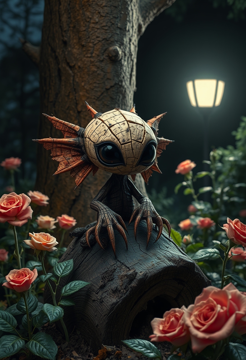 Little cute cracked wood alien void creature, charred, long wooden petals and mud, sitting on top of a log, lush garden, roses, lurking behind tree, ultra large black dot eyes, night scene, backlit, by [Alexander Archipienko, Wendell Castle, Picasso], fantasy art, abstract, surreal. - Image