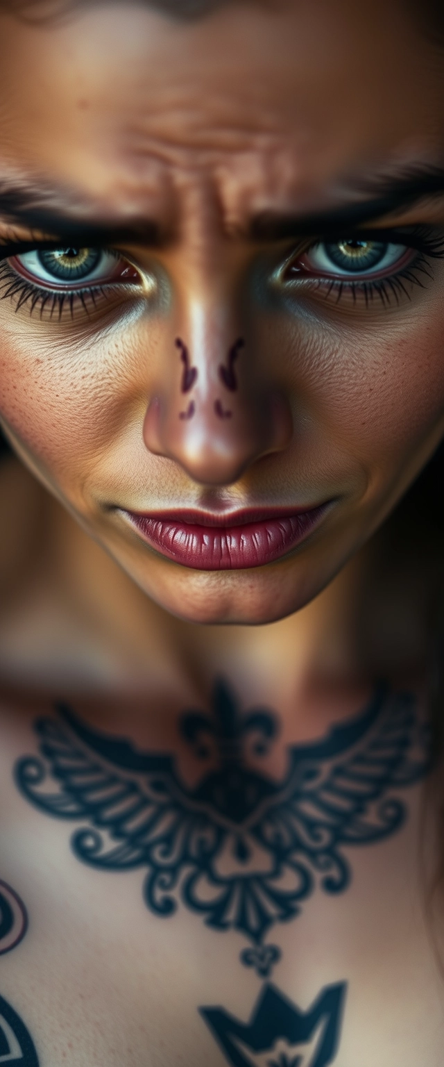 Close-up chest shot of a fair-skinned beautiful Indian woman with beautiful facial features and gray hypnotizing eyes, having face, chest, and neck tattoos and a crying expression.