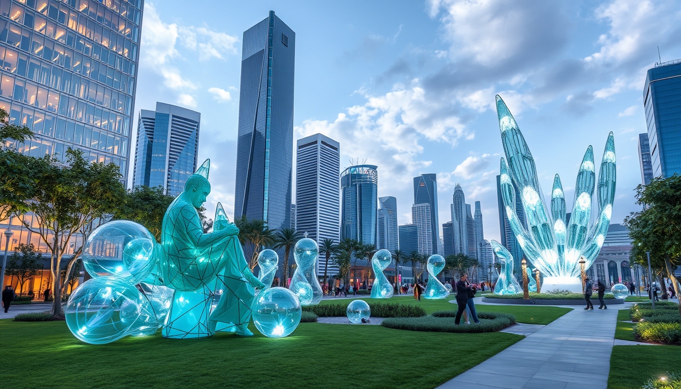 A futuristic city park with glass sculptures and interactive installations.