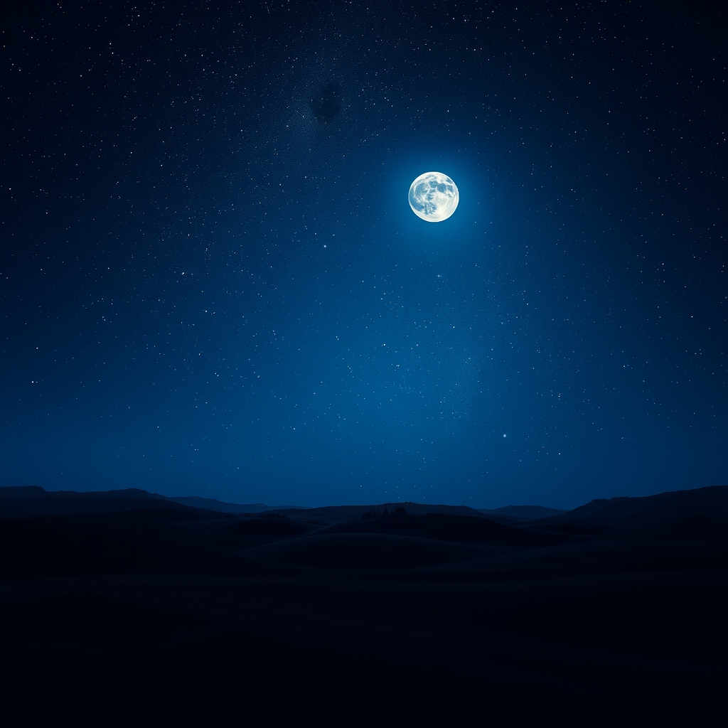 Dreamlike of a starry night landscape with a full moon and twinkling stars in a dark mystical sky. Peaceful, atmospheric, and serene cosmic scene evoking wonder and imagination. - Image