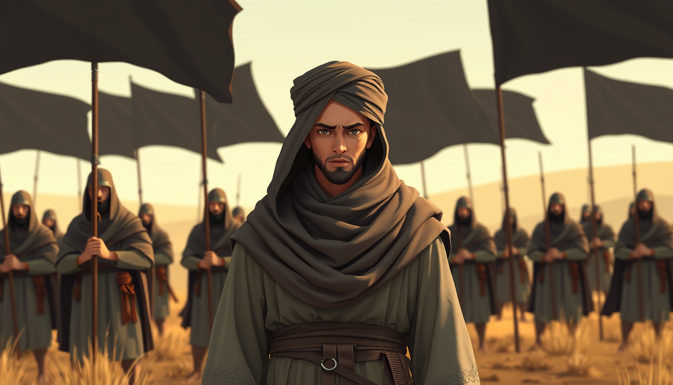 Digital vector of a young Muslim commander wearing modest biblical cloak and turban clothes, standing behind the great Muslim warriors with a leader expression. The medieval Muslim warriors are wearing veils and holding black banners, guarding him in an open land, with ambient occlusion and flat minimal textures.