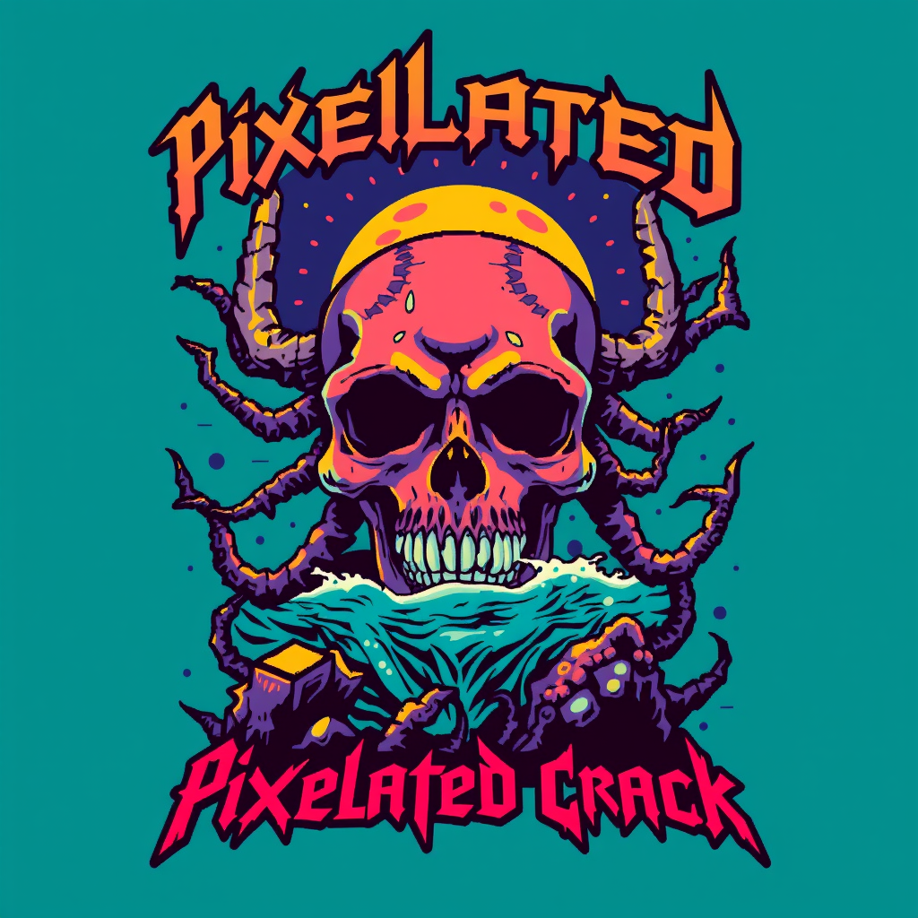 T-shirt design featuring a blocky colorful 8-bit style of death metal blended with chiptune. The visual should be unique and striking, yet macabre, blended with beauty. The band name is "Pixelated Crack," inspired by a deep-sea scene.