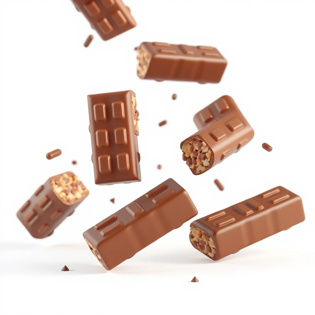 Ultra realistic 3D render, chocolate snack bars. Seamlessly in the air, on seamless white background. - Image