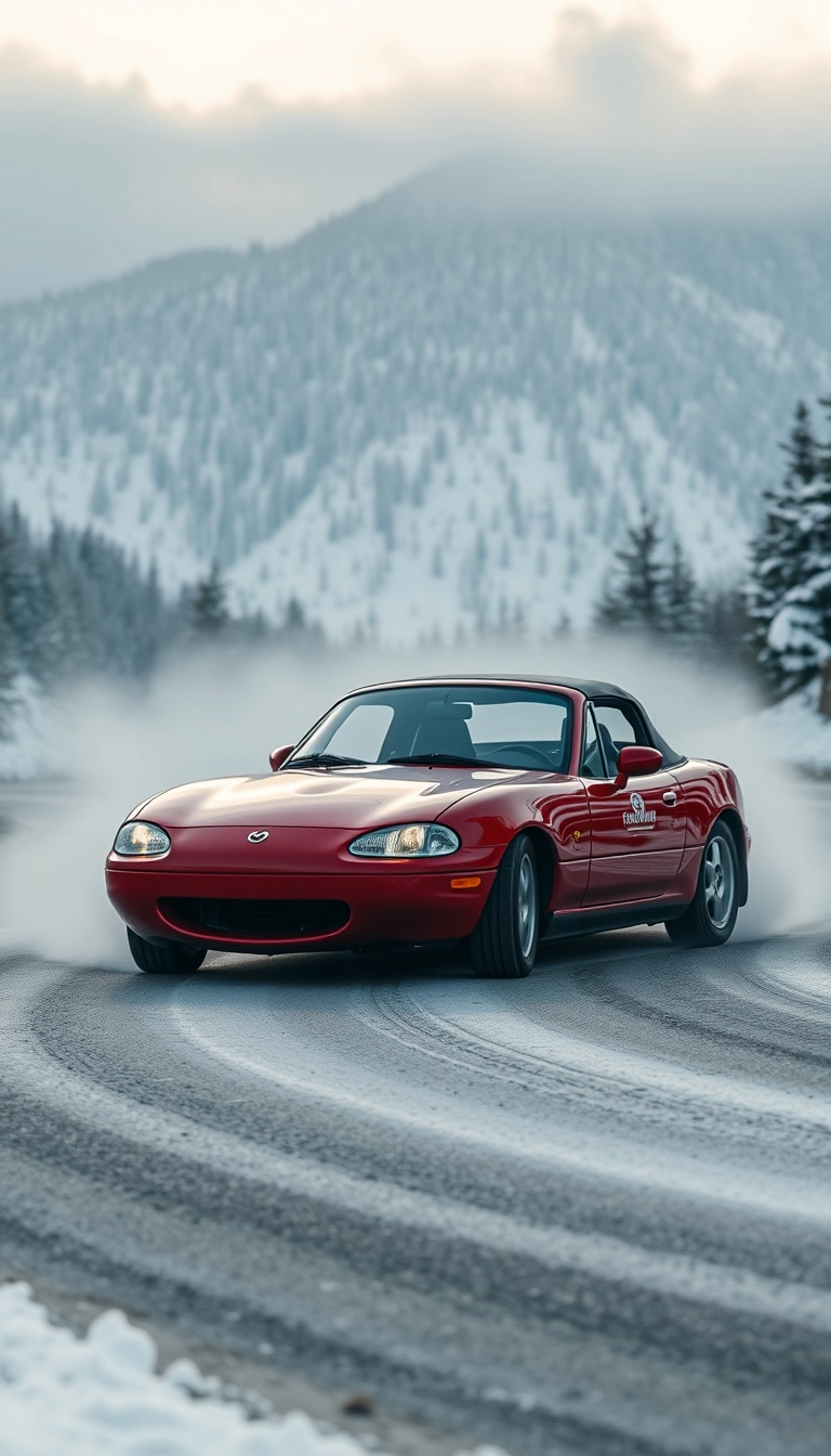 Create an image of a red 1991 Mazda MX-5 drifting on a snowy mountain road.