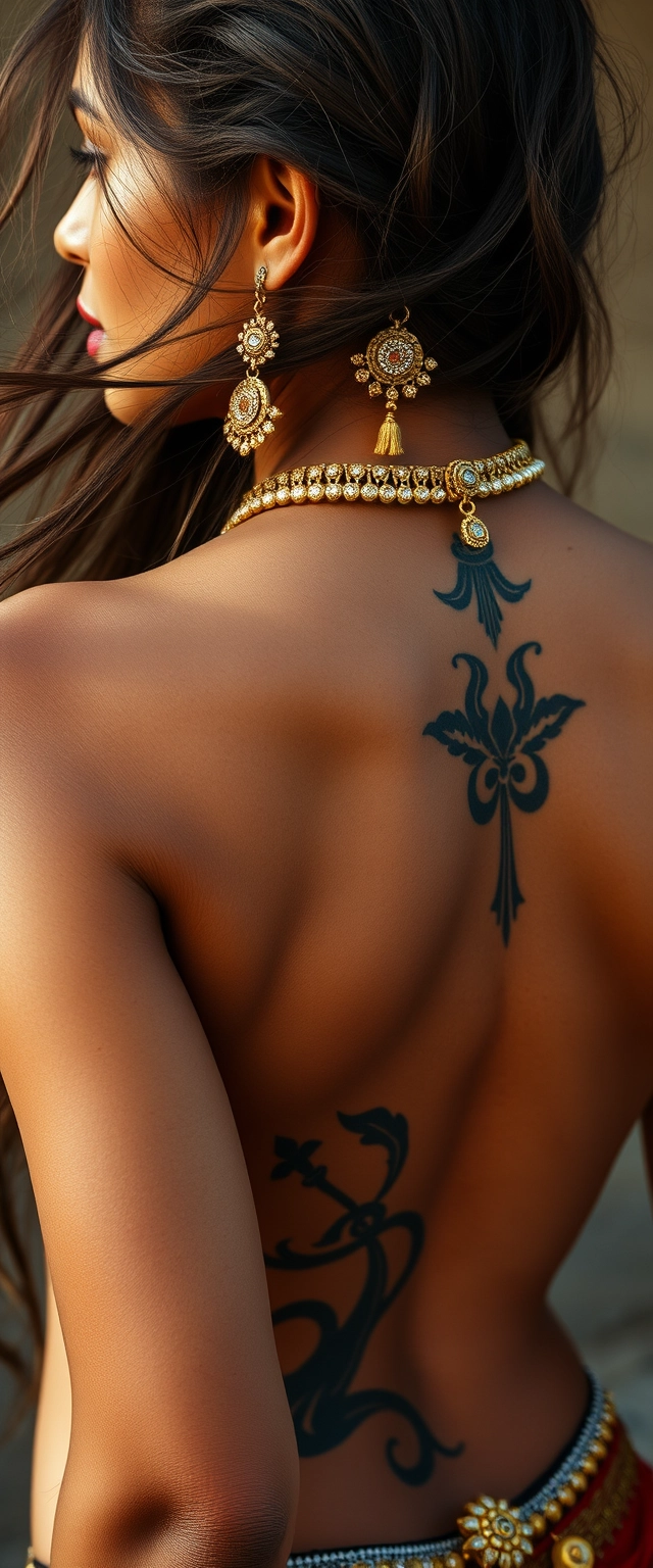 Close-up view of the tattooed back of a fair-skinned Indian woman with beautiful skin and flowing hair, adorned with gold ornaments and oiled.