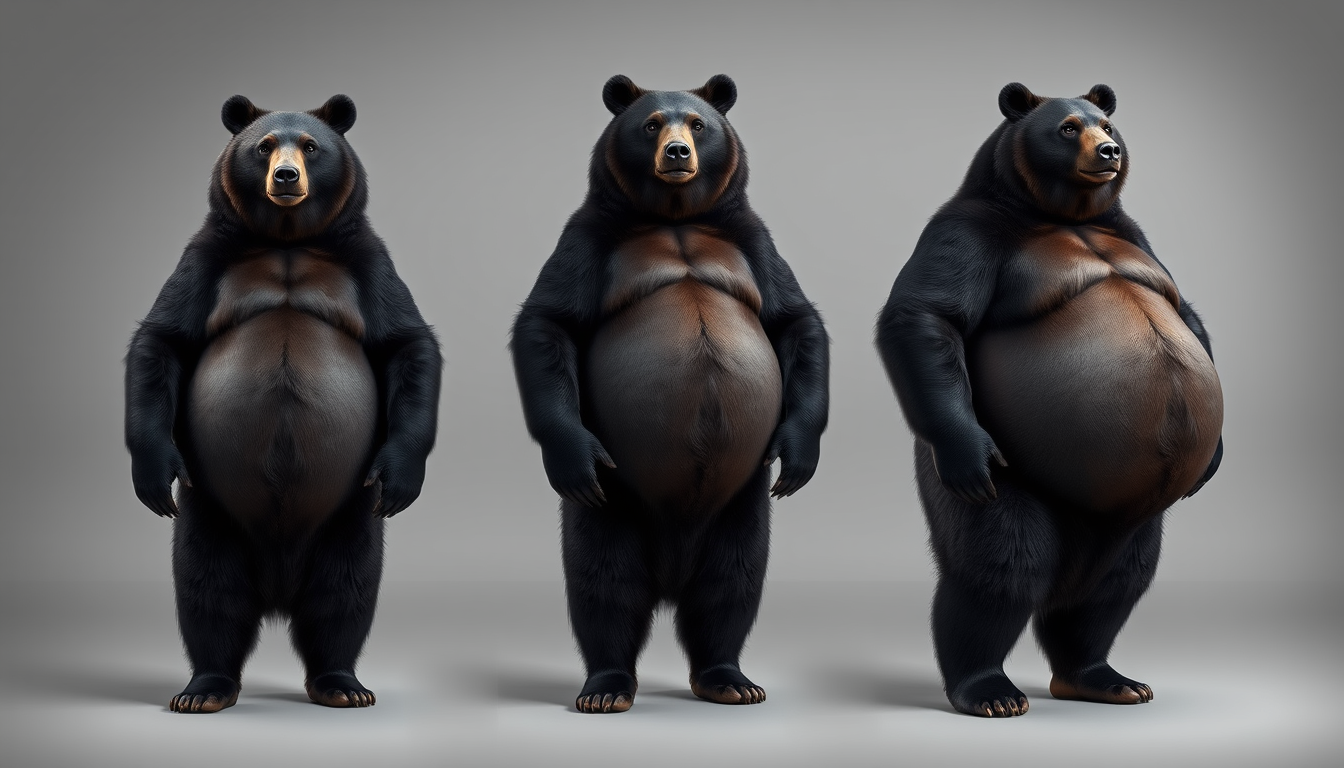 Realistic black bear standing. Weight gain progression from thin to obese. 3 panels: left thin, middle fat, right obese.