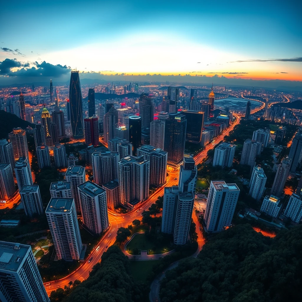 (overlooking Shenzhen:1.5) panoramic skyline view, (modern skyscrapers:1.4) glistening under the evening sun, vibrant city lights beginning to twinkle, lush parks interspersed among buildings, (clear sky:1.2) with soft clouds, (high detail:1.3), (cinematic:1.1), inspired by urban landscape photography.