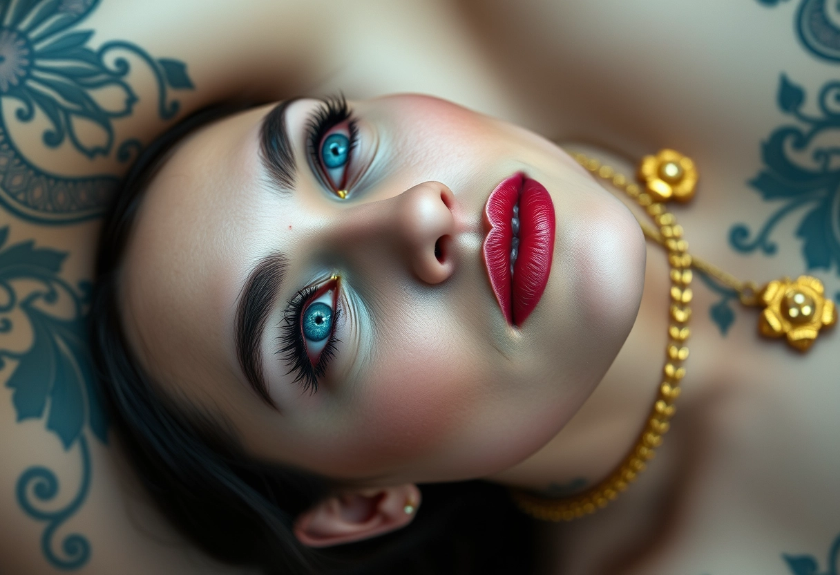 Chest shot of a tattooed body of a white-skinned Indian Korean woman with beautiful facial features, a defined jaw, and blue eyes, wearing gold ornaments, looking up while lying down sideways.