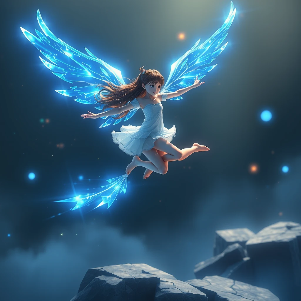 The girl leaped lightly into the air, with a pair of wings made of energy spread out behind her, sparkling with blue light. She soared freely in this magical world, exploring unknown territories. Picas style, 3D rendering, ultra-high definition picture quality, 36k, -- niji 6. - Image