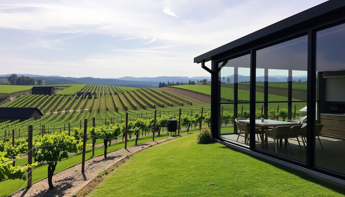 A picturesque vineyard with a glass-walled tasting room overlooking the grapevines.