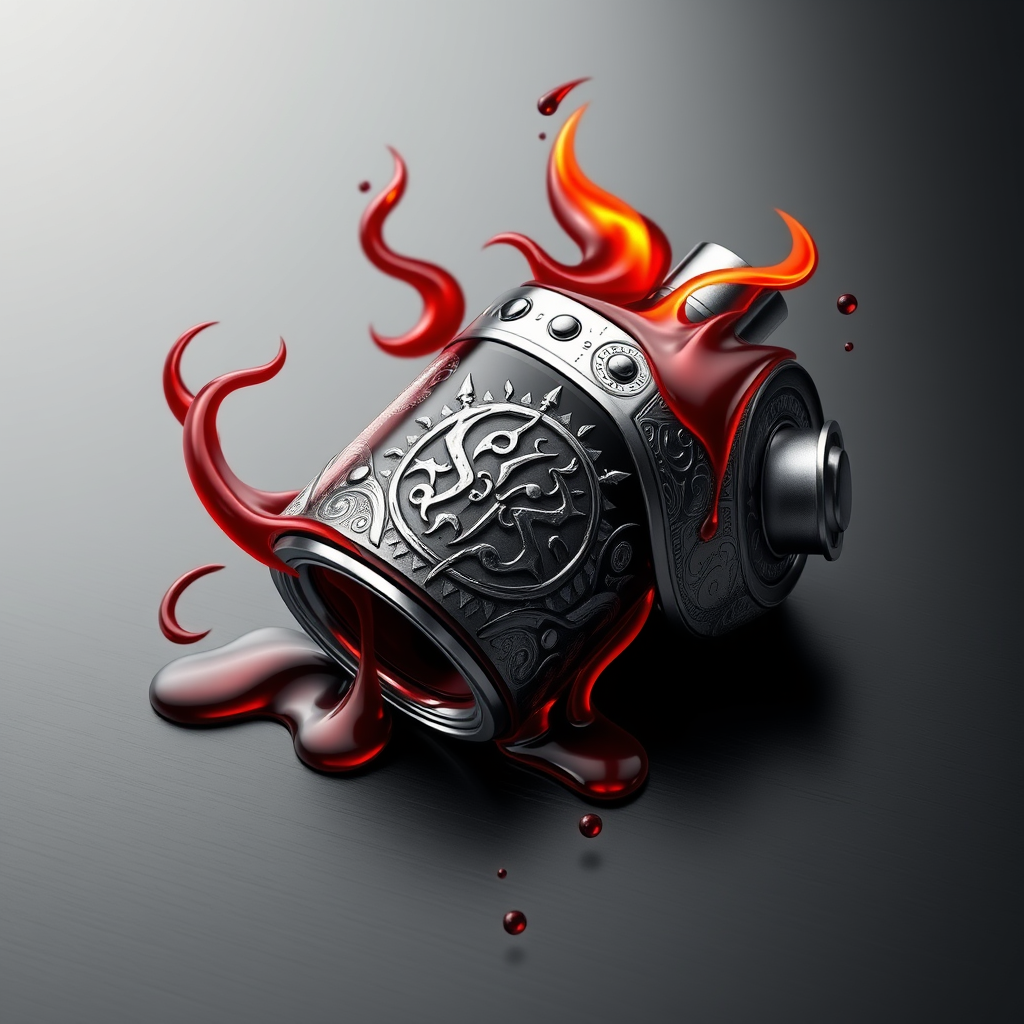 Hyper-realistic logo design for DoomVapes: Intricately detailed metallic vape tank, engraved with infernal motifs. Hellfire wisps curl around the device. Blood-red liquid seeps through cracks. Chthonic symbols etched on sleek surface.