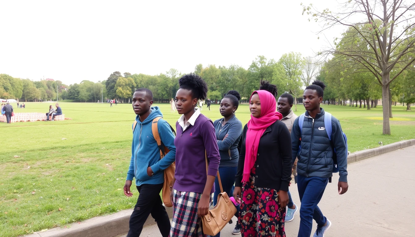 iPhone photo of a group of Rwandan youth going to church, a park in Germany, uploaded to Facebook.