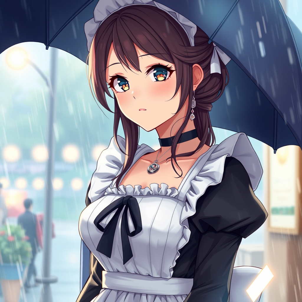 Anime art of a motherly woman, beautiful, maid, frilly dress, detailed scene, stunning details, trending on ArtStation, rainy day, ray-traced environment, anime artwork.