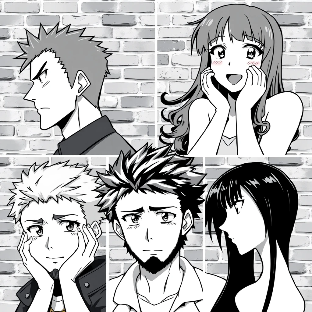 Anime-style black and white collage of five characters against a brick wall background. Top-left: man with short, spiky hair facing right, stern expression. Top-right: woman with long straight hair facing left, surprised expression with hands on cheeks. Bottom-left: woman with very curly hair facing right, cheerful expression with one hand near her face. Center: bearded man with short, messy hair facing forward, serious expression. Bottom-right: woman with long dark hair facing left, profile view, neutral expression. All characters are close-up headshots. Monochrome style with strong contrasts. Varied facial expressions and hair styles. Characters arranged in asymmetrical composition filling the frame. Detailed anime eyes and features, sharp line work.