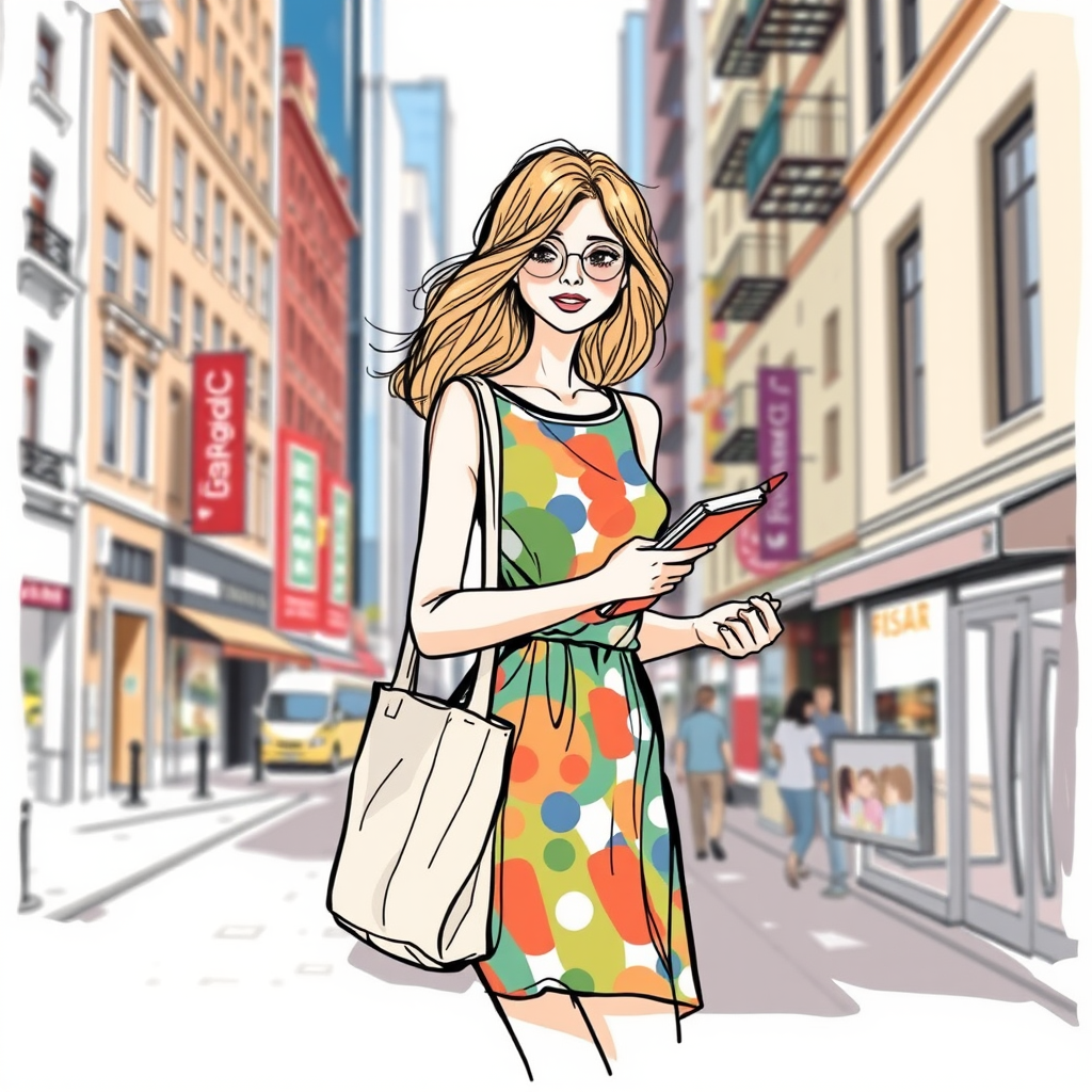 A free-spirited sketch of a woman in a modern urban setting. She wears a colorful dress, with her hair draped elegantly over her shoulders. She is carrying a canvas bag and holding a sketchbook and pencil in her hand, as if capturing the world around her. The background features a bustling city street, with buildings in varying heights and colors, reflecting the vibrancy of the city.