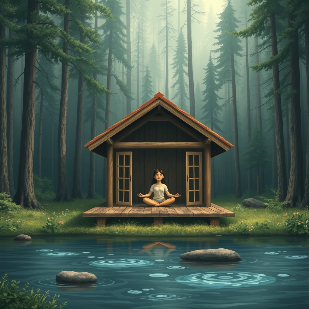 A forest, a wooden house, a girl meditating inside the house, and in front of her, there is a river.