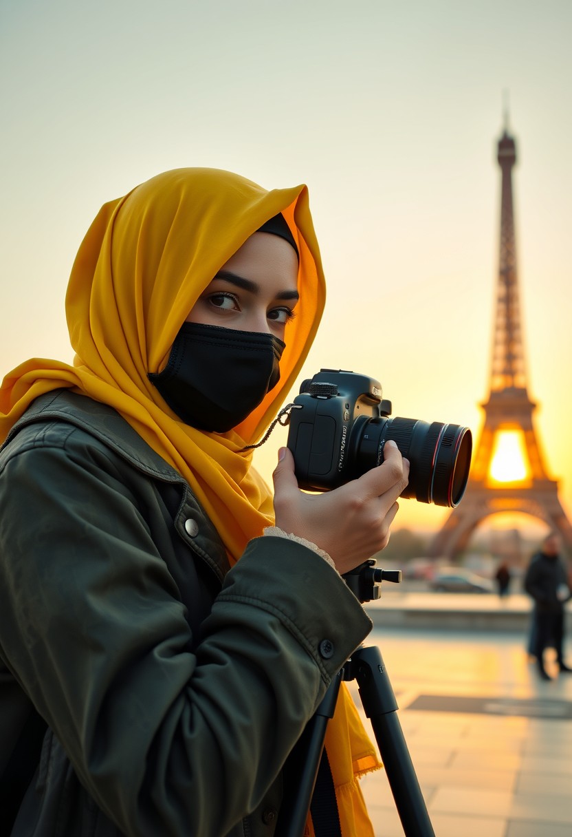 Biggest hijab yellow Muslim girl, beautiful eyes, face mask black, green army leather jacket pattern, biggest skirt, camera DSLR Canon, tripod, taking photos of Eiffel Tower, sunrise, morning scenery, hyper realistic, street photography - Image