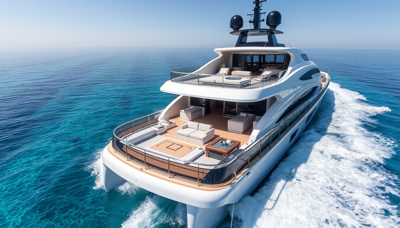 A luxurious yacht with a glass deck, cruising through crystal-clear waters.