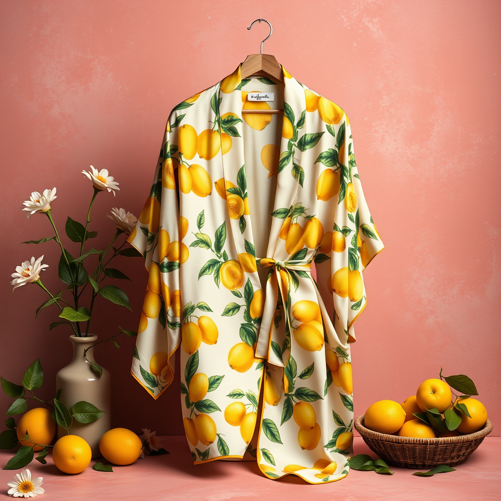 A vibrant and appealing still life image for online retail showcasing a Silk Kimono with a lemon-printed decor in Sicilian heritage. The image should capture the essence of Italian Style and highlight the product's elegance. Ensure that the composition is well-balanced, the colors are rich and inviting, and the Kimono is displayed prominently to attract potential customers to the product.