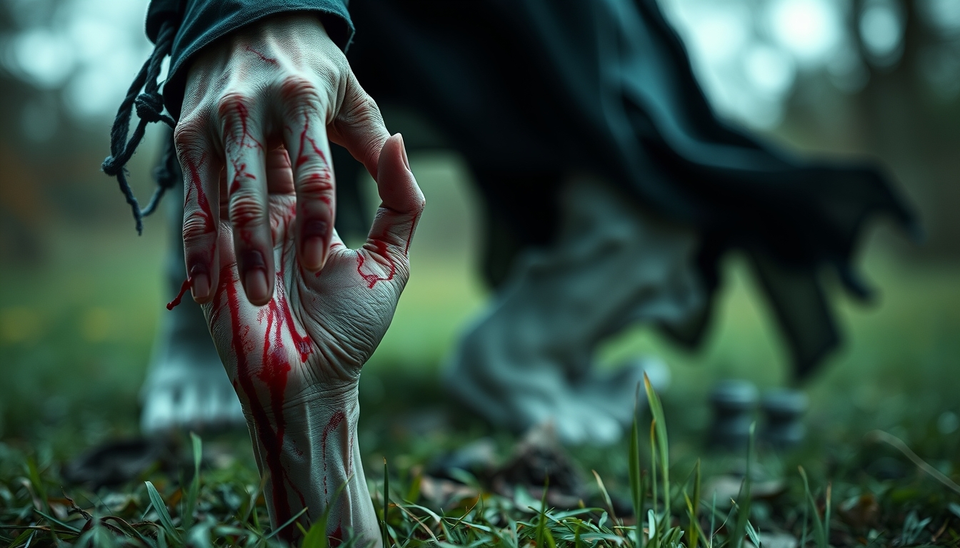 Close up of a zombie witch hand rising from the ground clutching the air. - Image