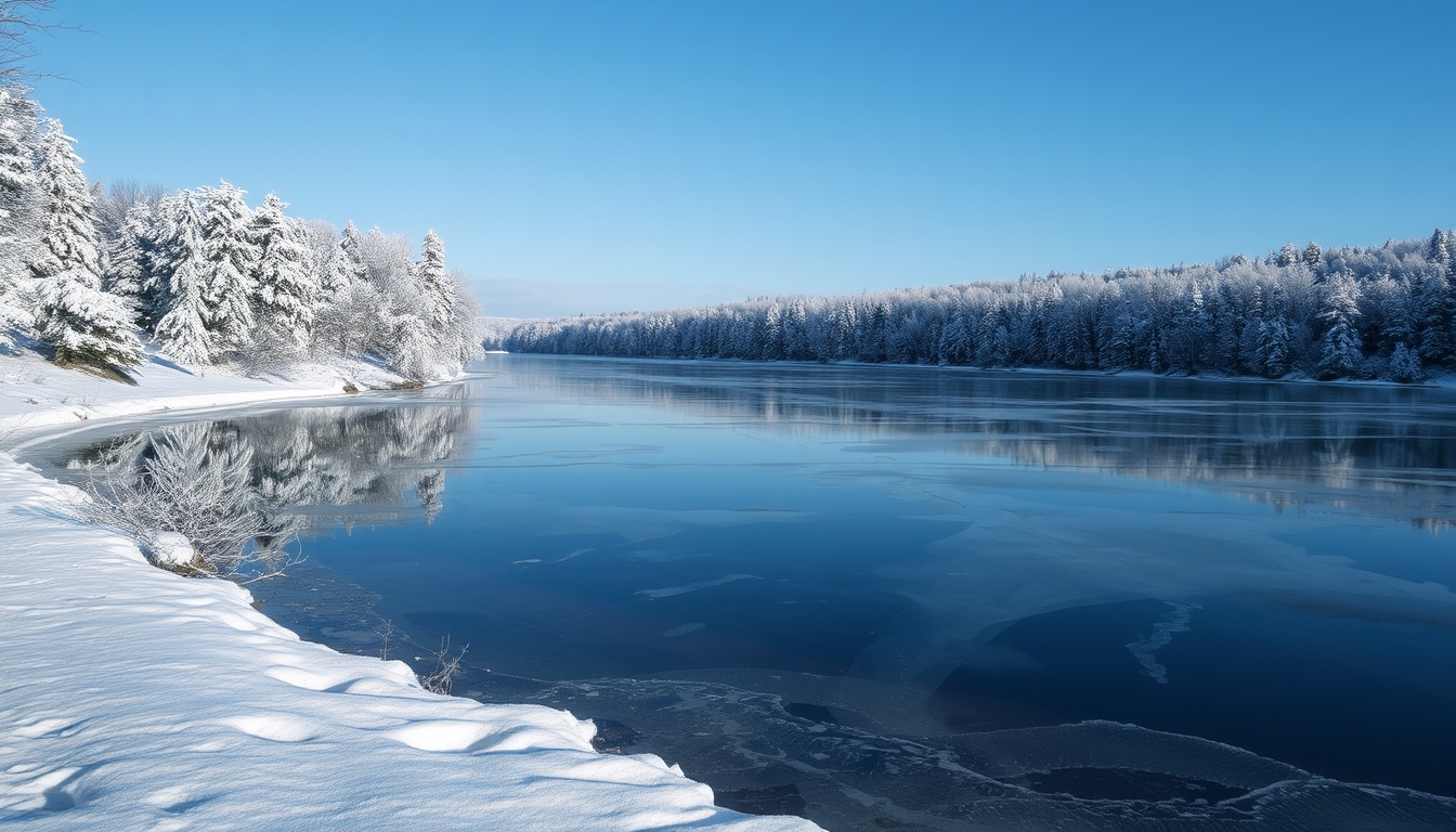 A picturesque winter scene with a glassy frozen lake surrounded by snow-covered trees.