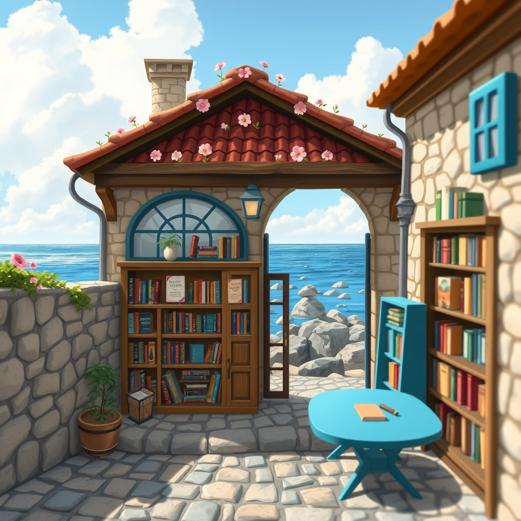 A bookstore beside the sea, small stone streets, little flowers on the roof, books on the shelf, opened doors, semi-cartoon style, blue sky, white clouds, you can see stones in the sea far away. Camera view. Sweet, Classic Tales Bookstore, detailed books, colorful. - Image