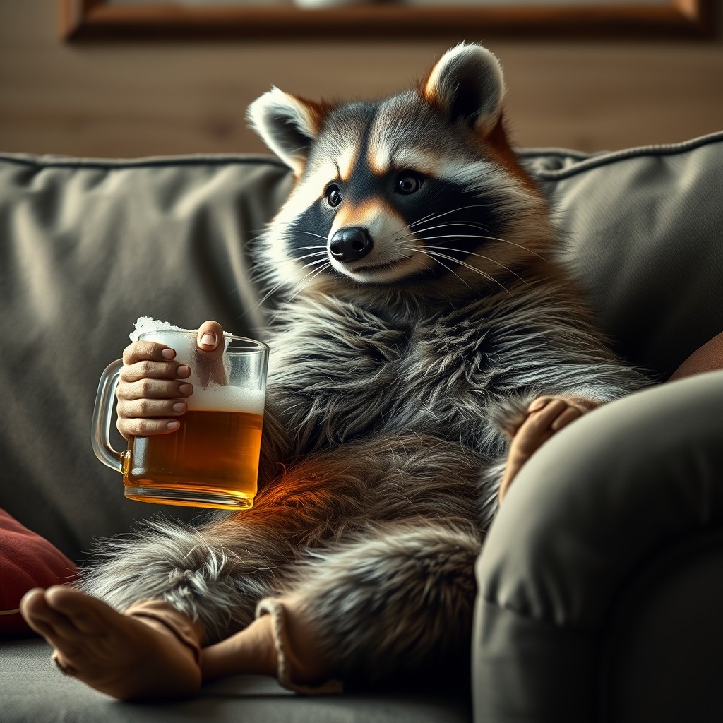 A raccoon sits on the couch and holds a mug of beer in his hand, realistic style, realistic photo.