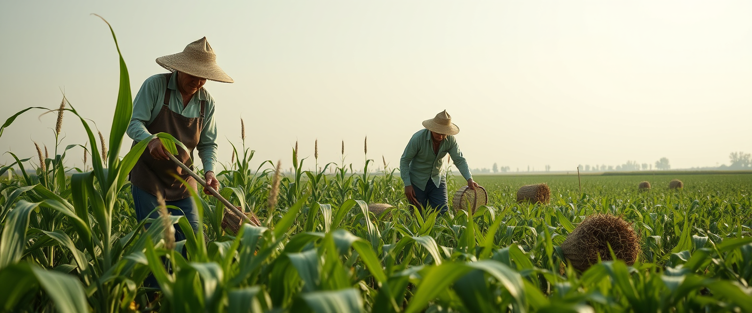 "realistic image of farmers cutting corn, pleasant green tones"