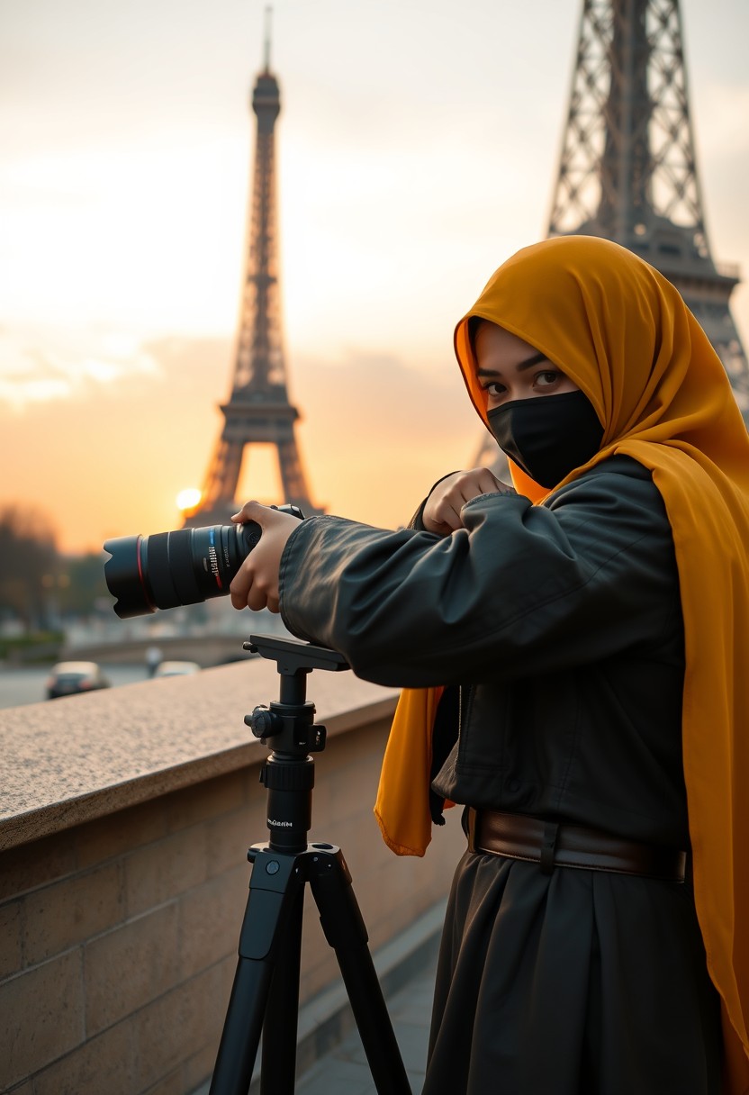 Biggest hijab yellow Muslim girl, beautiful eyes, face mask black, army leather jacket, biggest skirt, camera DSLR Canon, tripod, taking photos of Eiffel Tower, sunrise, morning scenery, hyper realistic, street photography. - Image