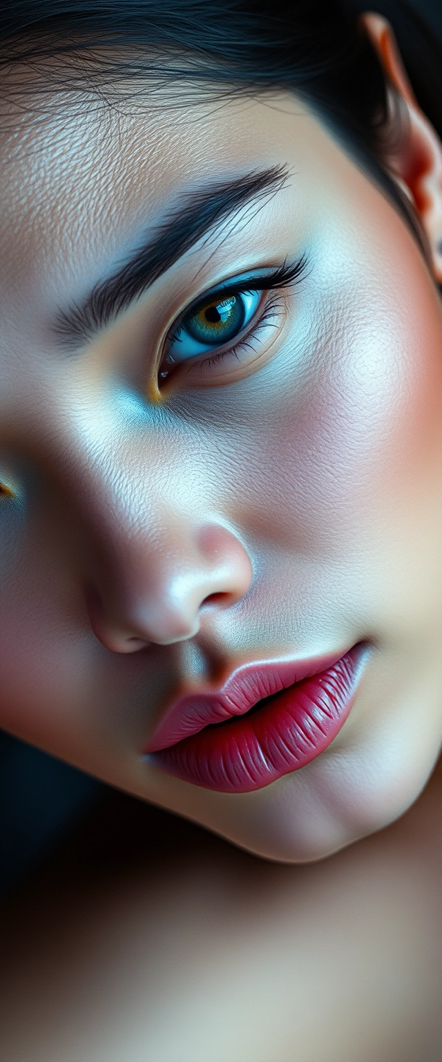 Close-up shot of a muscular Korean Indian woman with white skin, beautiful facial features, and blue eyes lying down. - Image