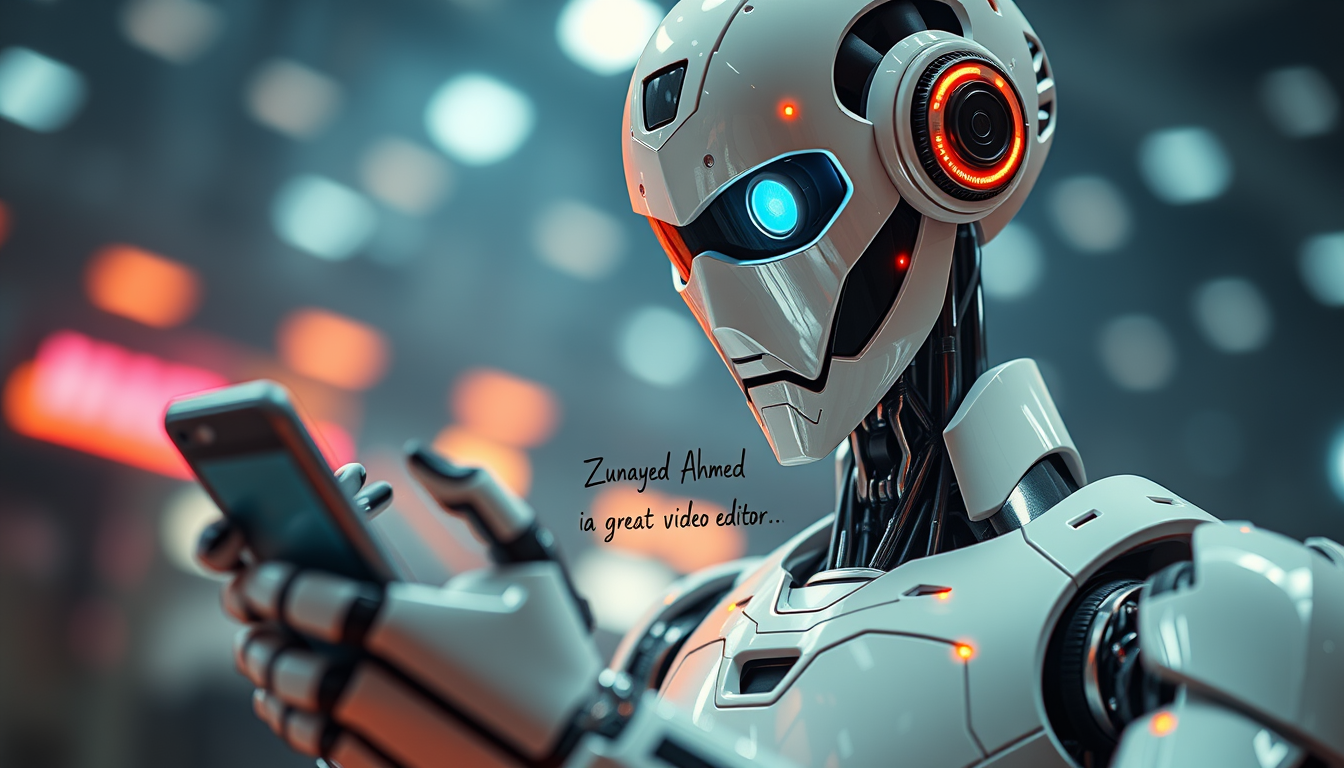 A futuristic robot writing a text message on a phone with a signature style saying "Zunayed Ahmed is a great video editor" from a dynamic view, with cinematic lighting, HD, next-gen, vibrant. - Image