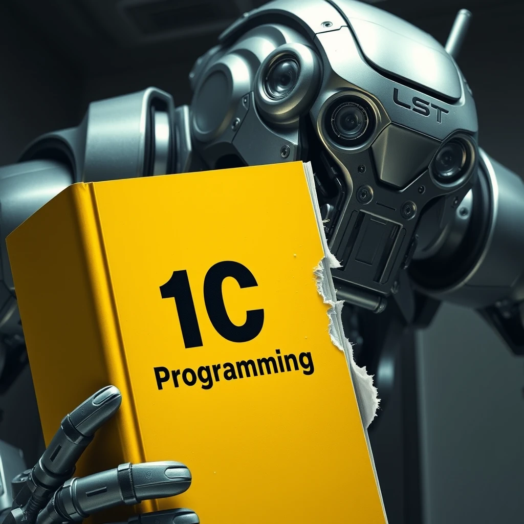 Futuristic scene: a giant robot bites the corner of a large yellow book. The robot is massive, with a metal body, gleaming lens-eyes, and mechanical jaws. Its size is several times that of the book. The book is bright yellow, thick, and resembles a textbook. The cover of the book reads "1C Programming" in large black letters. You can see that the robot has bitten off the upper right corner of the book, leaving a jagged bite mark. The metal teeth of the robot are visible, with remnants of the bitten-off pages. The background is neutral, perhaps a darkened laboratory or futuristic interior. The lighting is dramatic, emphasizing the contrast between the shiny metal of the robot and the matte surface of the book. 
Image style: photorealistic with science fiction elements. Detailed texture of the robot's metal and the book's paper. Clear lines and shapes. Saturated colors with emphasis on the yellow of the book and the silver-steel of the robot. - Image