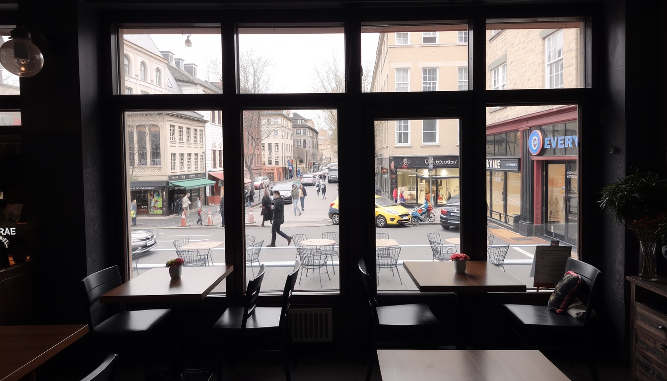 A cozy café with glass walls, offering a panoramic view of a bustling street.